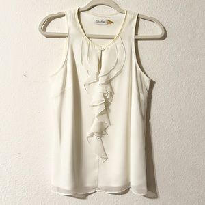 Calvin Klein Ruffled Two Layer Sleeveless V-Neck Blouse, White Color, Size PM